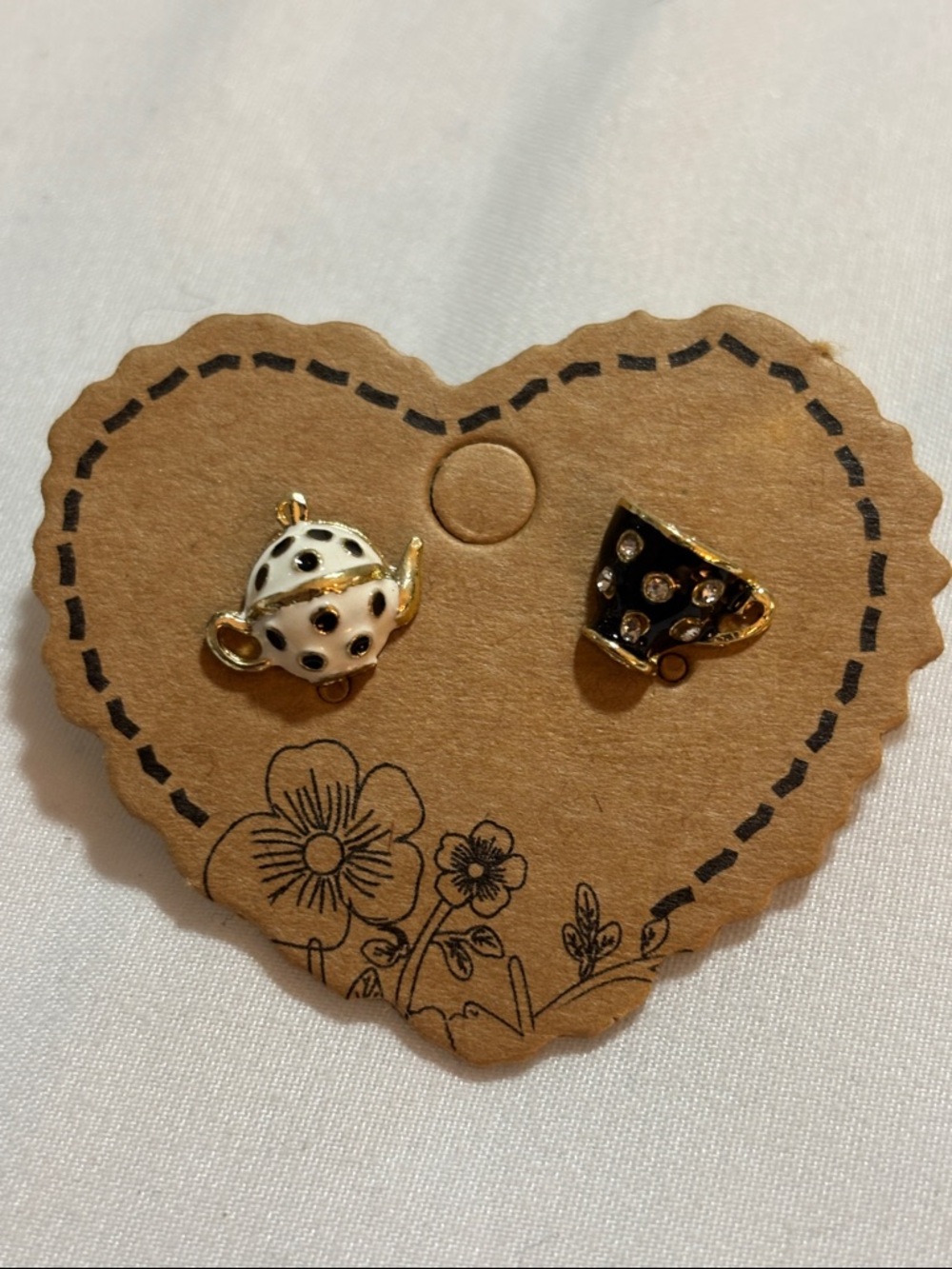 Tea Party Enamel Stud Earrings - White & Black with Gold Accents